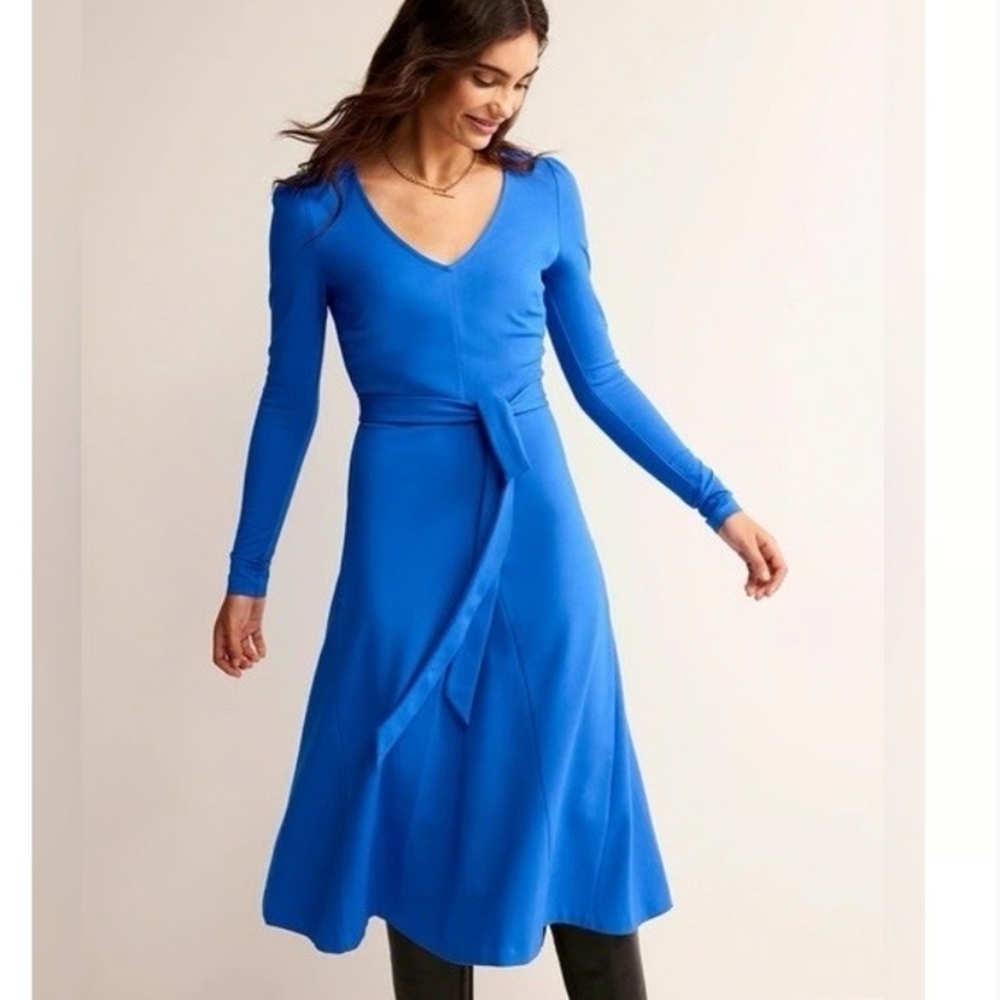 Boden Bella Ponte V-Neck Belted Midi Dress Size 4 In Blue